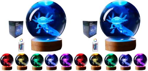 Image of Axolotl lamp,3.15 inch 3D K9 Crystal Ball Axolotl Night Light with Wooden Base,16 Colors Change,Remote Control,Color Box,Birthday Christmas Axolotl Gift (Pack of 2)