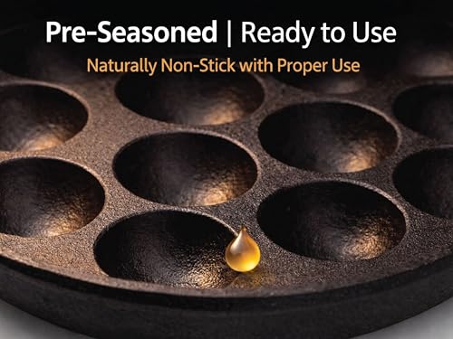 Image of Pre-Seasoned Cast Iron Paniyaram Pan 12 Cavity | Induction, Gas & Electric Stove Compatible Appe Pan | Appam Patra, Paniyarakkal, Gunta Ponganalu, Paddu Pan | Durable Cast Iron Cookware