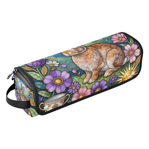 Bolsa de viaje para herramientas de cabello con almohadilla resistente al calor para plancha y rizador, organizador impermeable, diseño con conejo y flores miniatura 1
