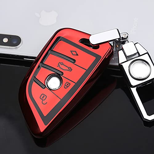 Image of QBUC for BMW Key Fob Cover with Leather Keychain, Red