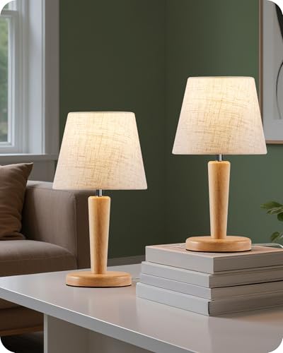 GOEBLESON Lampe de Chevet en Bois Lot de 2, Abat-jour en Tissu Lin Beige, 3 Températures de...