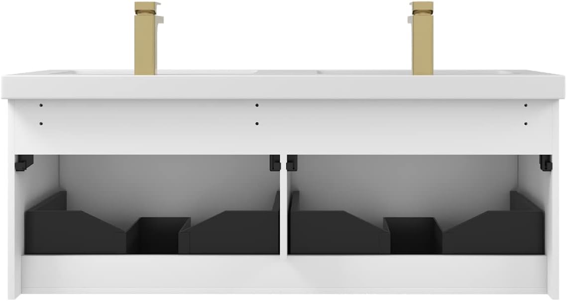 Cefn view of the Blossom 48 inch vanity with drawers removed, showing the internal structure and plumbing access points.