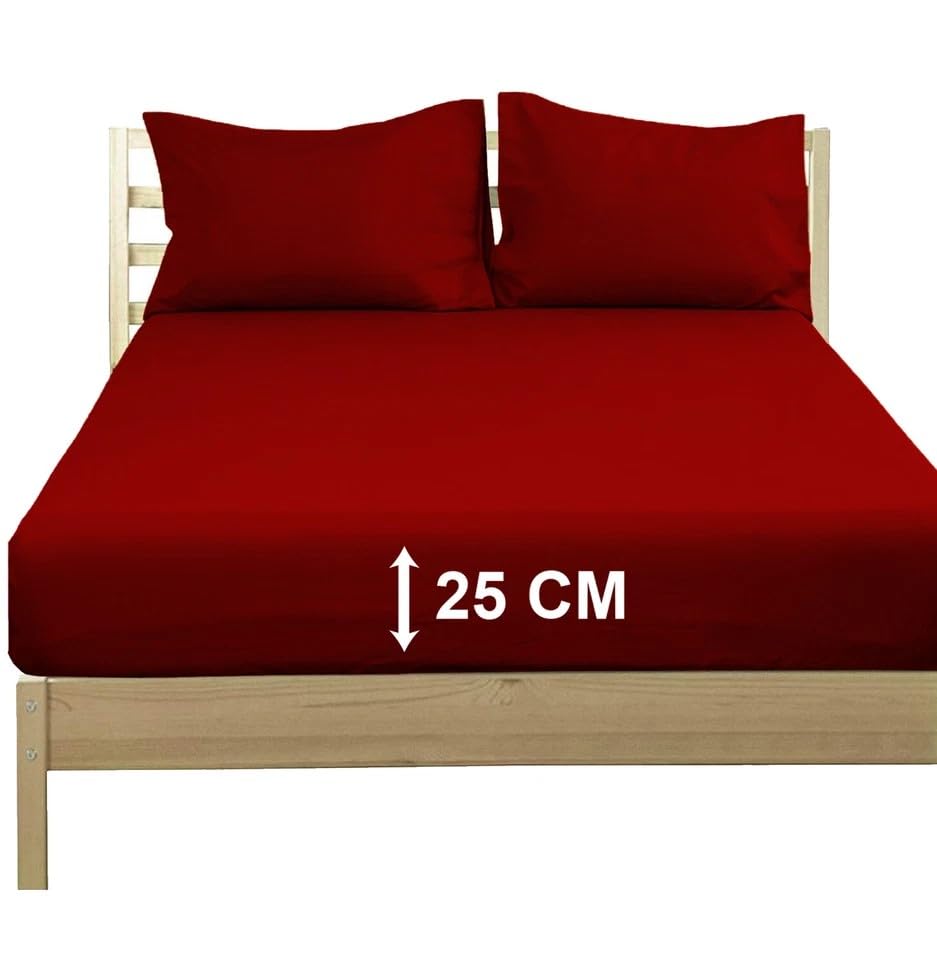 Extra Deep 25 cm Poly‑Cotton Fitted Sheet - 100 % Poly‑Cotton Bed Sheet Easy Fit - Soft, Durable & Wrinkle-Resistant Bedding (Red, King)