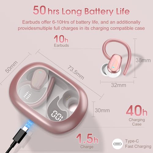 Wireless Earbuds, 50H Bluetooth 5.4 Headphones Sport, Bluetooth Earbuds with ENC Noise Canceling, HiFi Stereo Sound Wireless Earphones with Earhooks, IP7 Waterproof Ear Buds, Rose by OYIB - Image 3