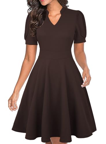 Image of Mokayee Womens Summer Short Puff Sleeve Casual Semi-Formal Fit and Flare Church Wedding Guest Work Dresses with Pockets