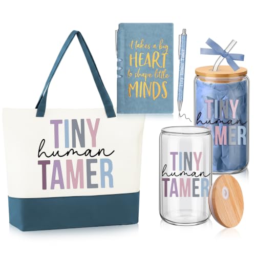 Gueevin Tiny Humans Tamer Daycare Teacher Appreciation Gifts Set Preschool Kindergarten Teachers Gifts for Babysitter Mom Women Includes Tote Bag Glass Cup A5 Notebook & Pen(Blue)