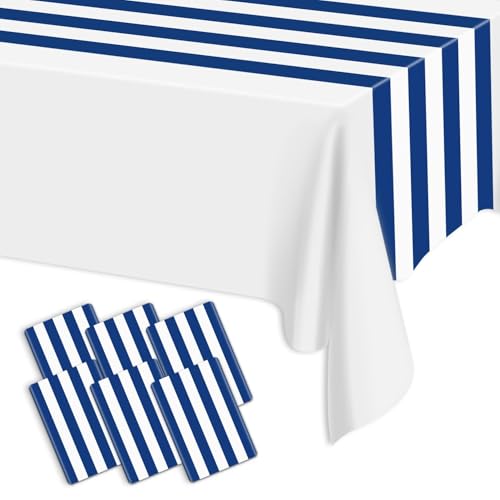 6-Pack Blue and White Striped Table Runners, 14x108 Inch Stripes Tablerunner, Plastic Disposable Classic Striped Table Decor for Boy's Birthday, Ocean Theme Party, Weddings