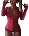Moxeay V-Neck One Piece Bodysuit Long Sleeve Bodycon Rompers Overall (Small, Wine)