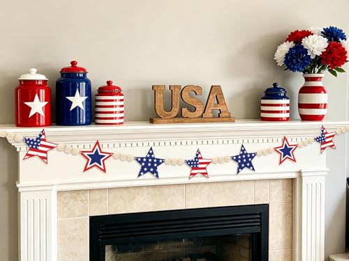 6.5Ft 4th of July Decorations Patriotic Garland with Wood Bead Felt Independence Day Banner Red White and Blue Decorations 250 Anniversary Decorations for Memorial Day Veterans Day