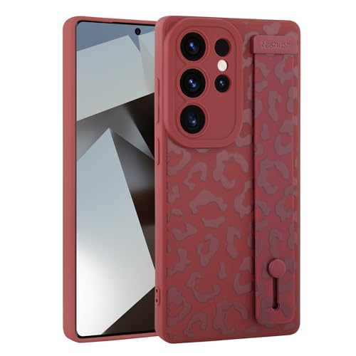 Image of Compatible with Samsung Galaxy S25 Ultra Case with Strap Wrist | Cheetah Print Shockproof Soft TPU Protective Cover for Women Girls, Slim Anti Scratch Case 6.9 Inch, Wine Red