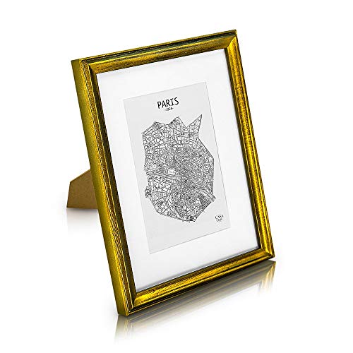 Marco de Fotos Vintage 20 x 25 cm con Paspartú para Foto de 13 x 18 cm - Shabby Chic Originales - Madera de Pino - 1 Marco - Anchura del Marco 2 cm - Frente de Cristal Templado - Color Oro Viejo