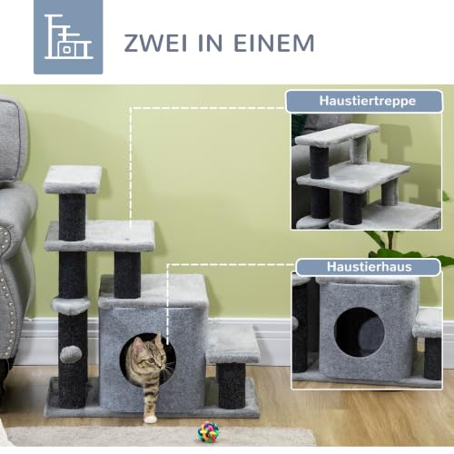 PawHut Hundetreppe 3/4 Stufen 66 cm Hoch Schlafhöhle Katzentreppe Grau