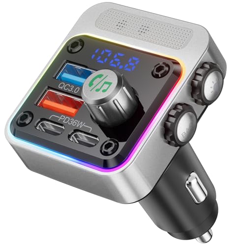 Adattatore per auto Bluetooth 5.3 Nulaxy 54W con 4 porte di ricarica [PD 36W e QC3.0 18W], trasmettitore radio FM wireless con lettore di bassi profondi e retroilluminazione a LED a 5 colori, chiamata