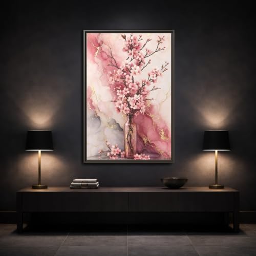 Impression toile cerisier fleurs rose or grand format salon