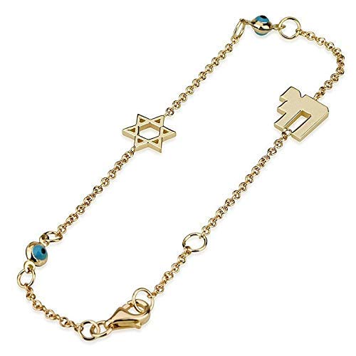 Elegant 14k Yellow Gold Charm Bracelet with Chai, Evil Eye and Star of David Charms, Length 19 cm