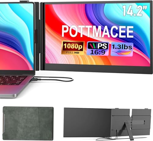 Image of POTTMACEE 14.2 inch One-Cable Laptop Screen Extender, 0.17 inch Ultra-Slim FHD 1080P IPS Portable Monitor for Laptop, Travel Dual Monitor Extender, Plug-Play for Windows /Mac /Chrome, Fit 13-17.3 inch Laptops
