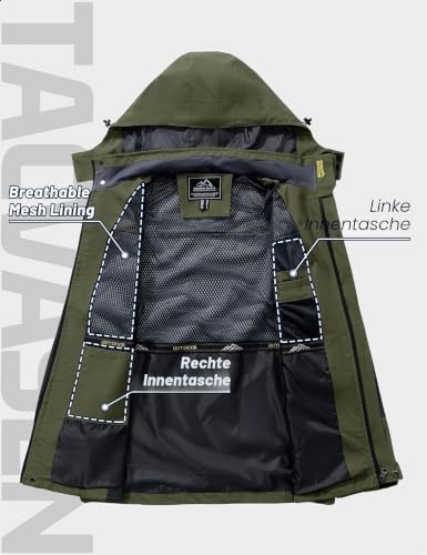 Foto von TACVASEN Wanderjacke Herren Wasserdicht Outdoorjacke Winddicht Leicht Softshelljacke Atmungsaktiv Übergangsjacke Funktionsjacke Softshell Herbstjacke Kapuze Camping Jacke (XL, Armeegrün)