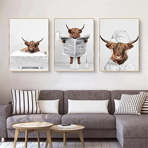Trayosin 3-teiliges Premium Poster Set, lustige Hochland-Kuh-Wandkunst für Badewanne, Tier-Drucke, Nordisches Badezimmer-Wohnkultur (21x30cm)