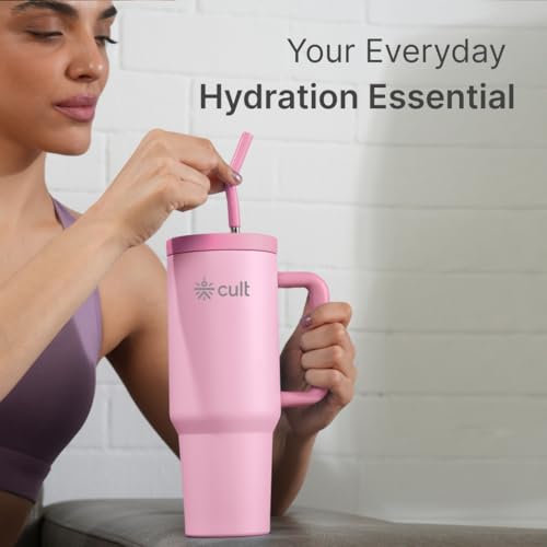 Image of CULT 1200ml Stainless Steel Insulated Tumbler with Handle, Straw & Cleaner Double Wall Vacuum Bottle for Hot & Cold Drinks Leakproof Travel Mug Reusable for Gym, Office & Travel Pink