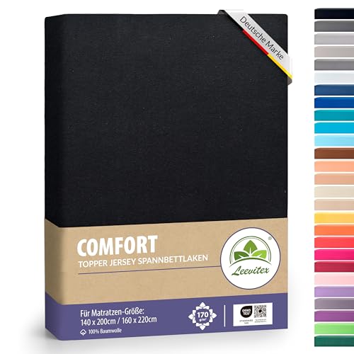 leevitex® Premium Topper Spannbettlaken 140x200–160x220 cm | 18 cm Steghöhe – für Topper & Boxspringbett | 100% Mako-Jersey-Baumwolle | ÖKO-TEX Zertifiziert | 170 g/m² | Schwarz