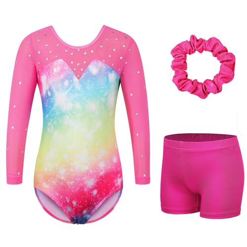 XFGIRLS Leotardos de gimnasia para niñas, leotardos de manga larga para bailar, sin mangas, pantalones cortos de ballet para gimnasia, 3-16 años, H_Rainbow, 9-10 años