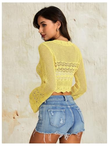 Image of OYOANGLE Women's Crochet Tie Front Sweater Cardigans Bell Sleeve Knitted Cropped Bolero Shrug Cardigan