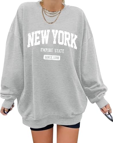 ORANDESIGNE Oversized Graphic Sweatshirt for Women Long Sleeve Crewneck Pullover Casual Fall Hoodie Tops 2026 New York Light Grey Medium