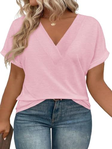 Beautife Womens Plus Size V Neck T Shirts Short Sleeve Summer Dressy Casual Tunic Tops Loose Fit Tees Blouse Light Pink