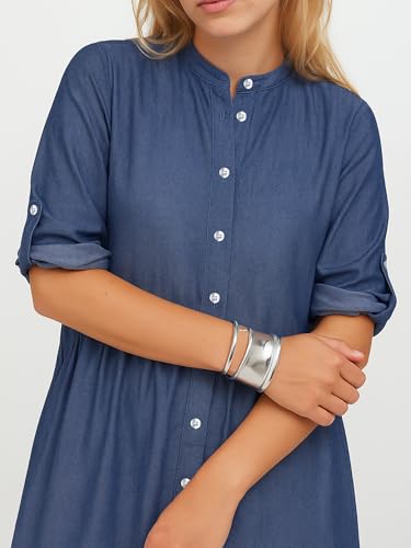 SUNNOW Women's Denim Button Front Mini Shirtdress Vintage Style Relaxed Fit Long Sleeve Dress4