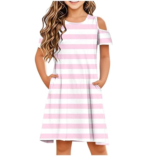 Girls Cold Shoulder Striped Dress Summer Short Sleeve Tshirt Dresses Swing Midi Sundress with Pockets