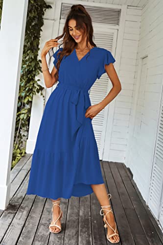 PRETTYGARDEN Women's Summer Floral Boho Maxi Dress Wrap Short Sleeve V Neck Ruffle A-Line Flowy Wedding Guest Long Dresses