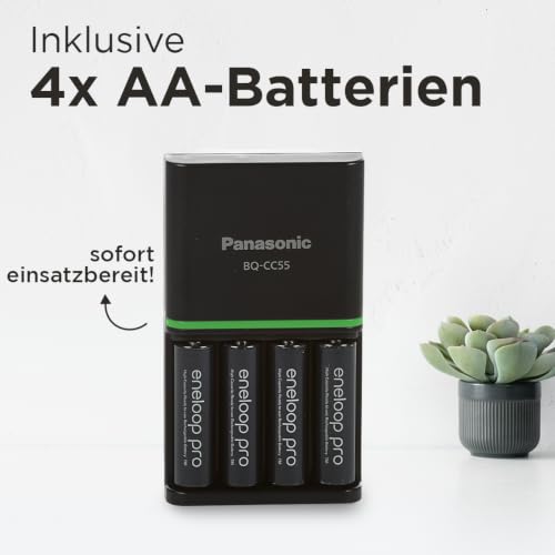 Panasonic eneloop SmartPlus charger for 1–4 AA/AAA NI-MH batteries, with 4 LED indicators and 10 safety functions, includes AA batteries, min. 2500 mAh, black, 52055E40. - 4