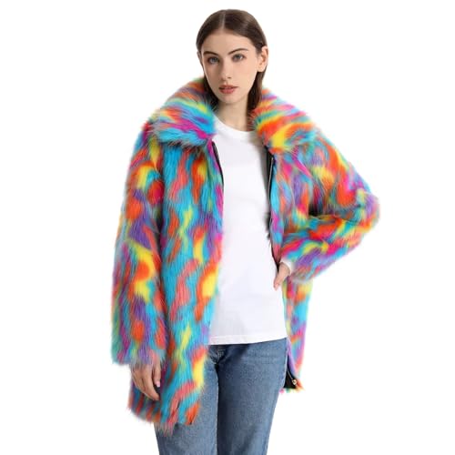 Women's Multicolor Faux Fur Coat Long Winter Warm Parka Jackets Thick Fuzzy Outwear Plush Zipper Overcoat