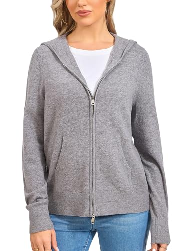 VETLURY 100% Merino Wool Zip Up Hoodies for Women UK,Warm Sweater 2-Way Zip Up Hoodies with Pockets Lightweight Sweatshirts Cropped Hooded Cardigan Knit for Fall Winter Spring