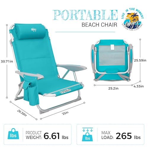 #WEJOY Lightweight Low 2 Pack Beach Chair for Adults, 4-Position Aluminum Folding Camping Chairs with Shoulder Strap, Cup Holder and Padded Headrest, Supports 265lbs for Lawn Outdoor Cyan - Thumbnail 2