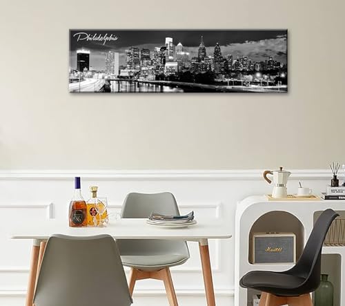 Image of DJSYLIFE Philadelphia Skyline Canvas Art, 13.8 inchx47.3 inch, Black & White | Cityscape Wall Decor, Modern Panoramic Night View Print, For Living Room, Office, Bedroom, Ready to Hang