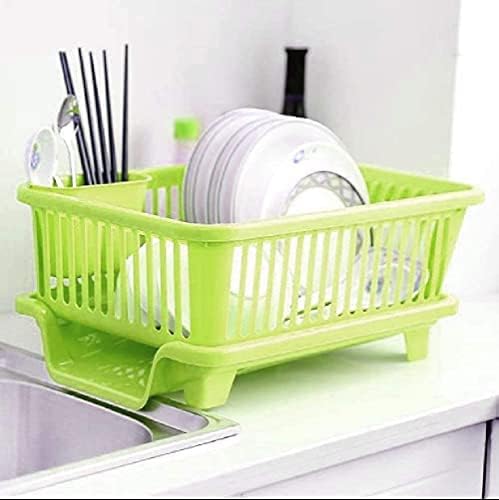 Organizador de cesta de plástico con bandeja y soporte para cubiertos de utensilios (azul)