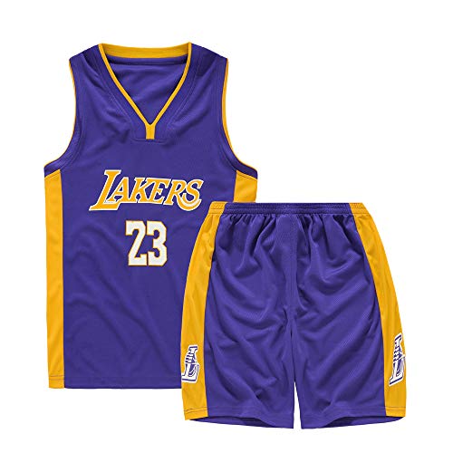 XCR - Juego de camisetas de baloncesto para niños y niñas y hombres adultos NBA Lebron James #23 LBJ LA Lakers RETRO para verano y pantalones cortos (morado, 2XL (niños)