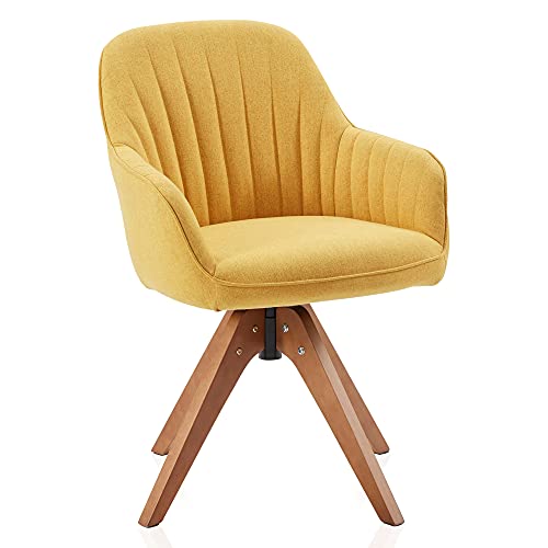 Belleze Mid Century Swivel Chair, Modern Makeup Vanity Chair, Upholstered Linen Accent Armchair With Dark Oak Wood Legs For Home Office Study Living Room Bedroom, Yellow #TOP5