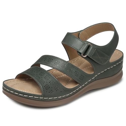 SHIBEVER Women's Wedge Sandals Platform: Comfortable Dressy Arch Support Ankle Strap - Summer Open Toe Women Sandals Green Size 7