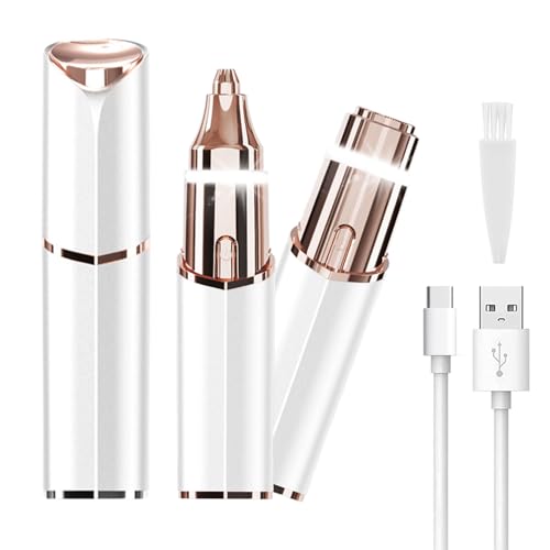Facial Hair Removal Eyebrow Trimmer - Facial Shaver Device 2 in 1 Remover for Face Peach Fuzz Eyebrow Nose Ear Hair Chin Lips Armpit with LED Light Rechargeable for Women Men Travel Size (White)