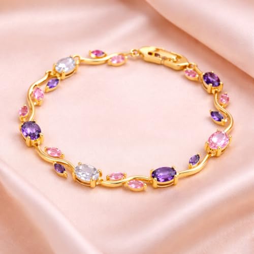 Image of Okos Gold Plated Tulip Pink Stone Bracelet for Women & Girls | Elegant Floral Link Bracelet | Lightweight Adjustable Bracelet for Daily Wear, Party & Gifting