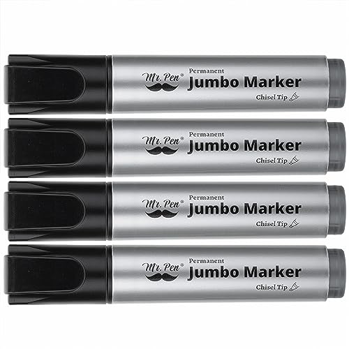 Image of Mr. Pen- Jumbo Permanent Markers, 4 Pack, Black, Chisel Tip | Wide Tip, Large, Thick Permanent Markers for Canvas, Posters Board, Fabric, Window, Glass, Wood, Waterproof, Quick Dry