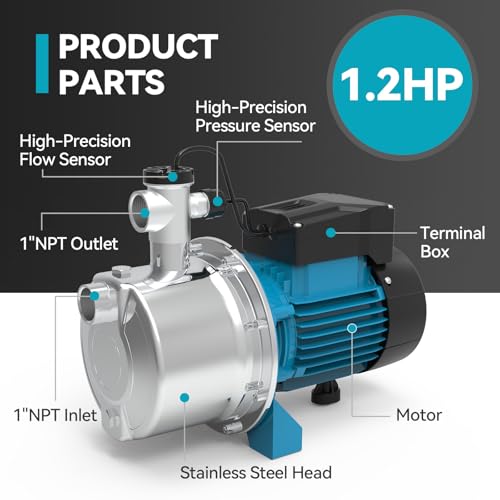 1.2 HP Smart Control Booster Jet Pump, 1200 GPH 115V Stainless Steel Shallow Well Pump with Automatic On/Off for Home, Garden, Farm Irrigation, and Sprinkler Systems, Enhanced Water Pressure