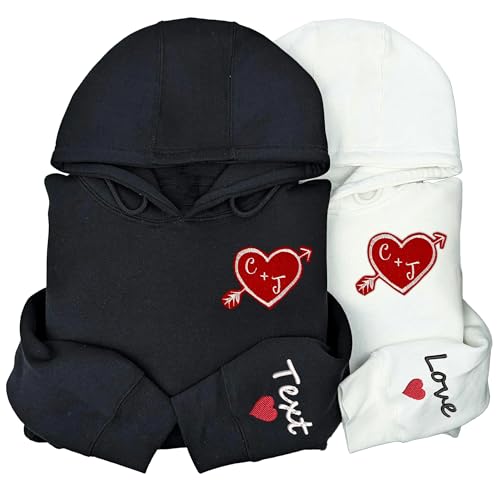 Custom Embroidered Couple Hoodies Sweatshirt, Custom Felt Embroidered Couple Matching Sweatshirt, Custom Letter Name On Left Sleeve, Couple Hoodie, Aniversary, Valentine, Christmas4