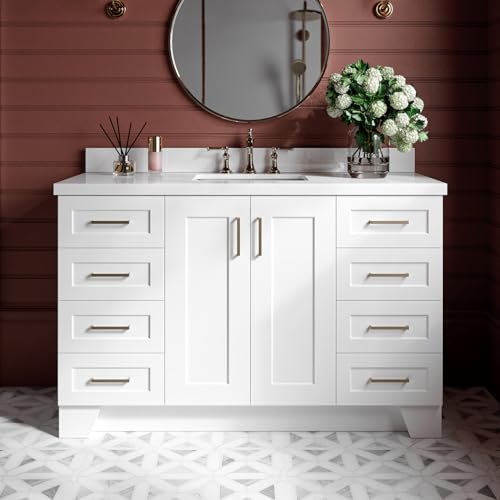 ARIEL Taylor 54-inch Bathroom Vanity with Sink,Solid Wood, 1.5-inch Pure White Quartz Countertop, Single Rectangular Porcelain Sink, Soft Closing Doors, Dovetail Drawers, White