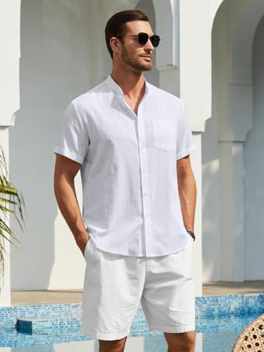Enlision Camisa Lino Hombre Manga Corta Camisas Blanco para Hombre Casual Sin Cuello Henley Shirt de Lino Algodón con Botónes Top Ibicenca de Verano Playa Boda L