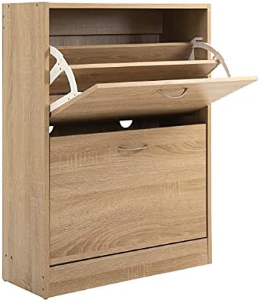 PALAKLOT 2 Tier Wooden Shoe Storage Cabinet | Footwear Cupboard Rack Unit | Pull Down Modern Shoes Organizer Stand (Sonama Oak)