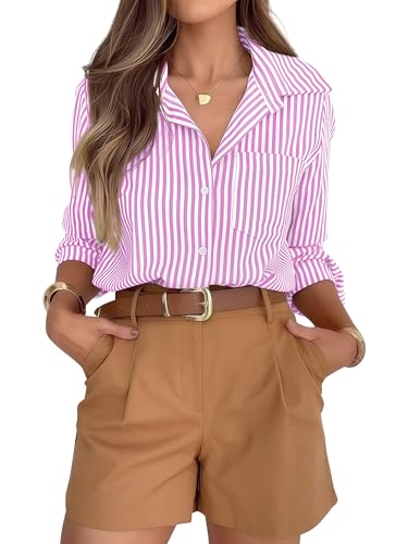 hearain Pink Button Up Striped Shirt Women Long Sleeve Blouses for Dressy Casual Collared Light Down Shirts Womens and Tops Pink Size M