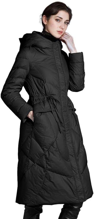 Women's Down Jacket Winter Long Coat Hooded Stand Collar Parka, Black, XL.